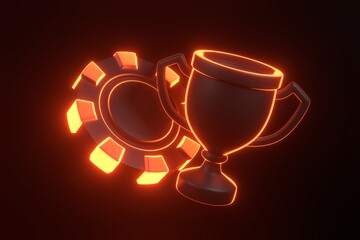 Casino chips and trophy cup with futuristic neon red lights on a black background. Poker, blackjack, baccarat game concept. 3D render illustration