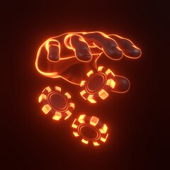 Casino chips and hand with futuristic neon red lights on a black background. Poker, blackjack, baccarat game concept. 3D render illustration