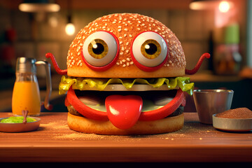 Bon appetit. Delicious burger on wooden table in restaurant. Funny cartoon hamburger with eyes and...