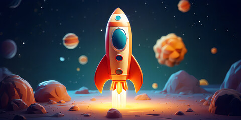 Fantastic abstract background with rocket 3d illustration