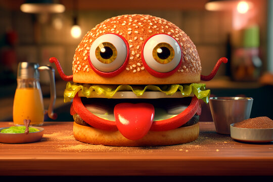 Bon appetit. Delicious burger on wooden table in restaurant. Funny cartoon hamburger with eyes and smile. Cute illustration for school notebook, menu, puzzle, cover. Burger Day. Street food festival. - Powered by Adobe