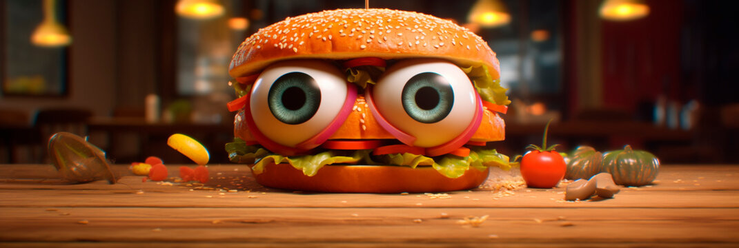 Banner with burger.  Cheerful hamburger with a cute face. cartoon food. Header for menu, advertisement, sign, article, blog. Children's fast food concept.