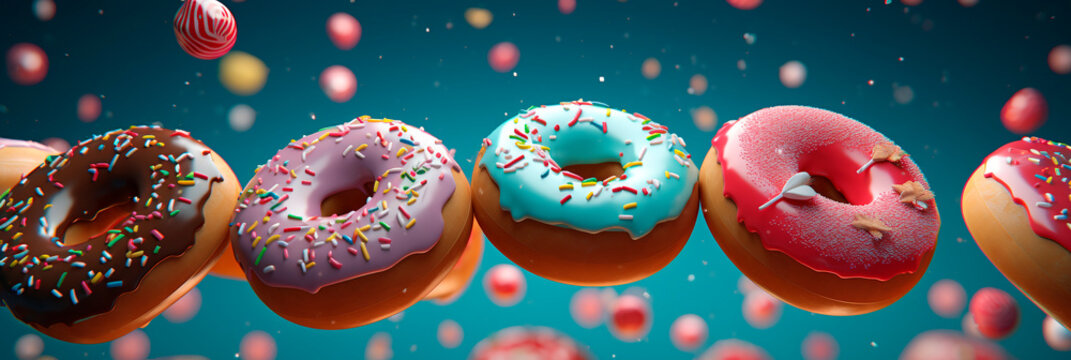 Header with Christmas donuts. Garland of fluffy doughnut with New Year's glaze and sprinkles on a blurred blue background with bokeh. Holiday Banner for website, cafe, blog, bakery, candy store.