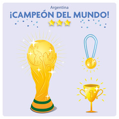 Argentina campeón del mundo, copa, trofeo y medalla - obrazy, fototapety, plakaty