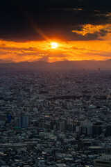 Fototapeta na wymiar Tokyo city view with sun at sunset time.