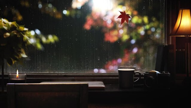 Rainy scenery at night, rain and raindrops flowing on the window glass, red autumn maple trees and leaves, a cozy room with coffee, and relaxation in a cafe
