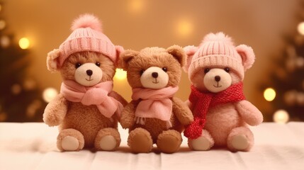 Teddy bears wearing a Santa hat on a festive New Year's background. Christmas card with animals. present.
