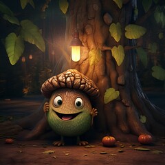 A talking acorn under a tree fairy tale. Generative AI.