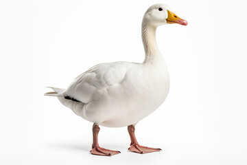 The front side portrait of an Embden or white common goose, is standing on the white background, shot in a studio. Generative AI.