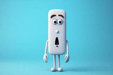 Cartoon character with exclamation point over head, wondering and confused, on blue gradient background with copy space. Generative AI