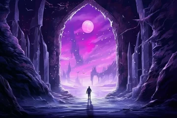 Fotobehang Illustration of a purple fantasy scenery with a tall passage and moon in a magical night sky. A mystical wizard in a gothic fairytale. Colorful poster, display. Generative AI © Freddie
