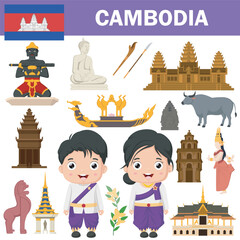 Set of Cambodia famous landmarks