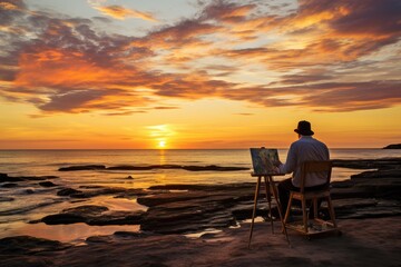 Fototapeta na wymiar A lone artist painting a sunset on a quiet beach, easel and palette.