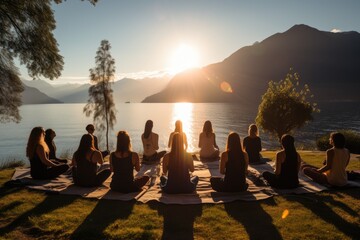 Yoga retreat, group session by the serene lakeside, harmony and balance.