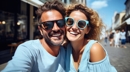 Obraz premium A happy vogue fashion couple taking selfies with bright solid light color clothes in summer