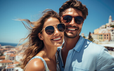 A happy vogue fashion couple taking selfies with bright solid light color clothes in summer