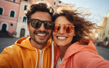 Obraz premium A happy vogue fashion couple taking selfies with bright solid light color clothes in summer