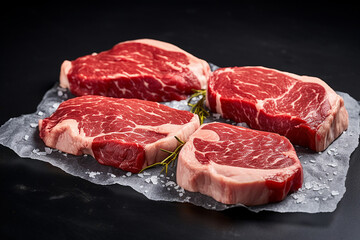 The close up detail of a raw meat steaks with seasoning for grilling on parchment or baking paper isolated on black background. Generative AI.