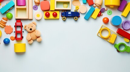 Baby kids toys frame on background, Toy many colorful educational wooden. play, Top view, executive function, kid, skill, education, intelligence quotient, emotional quotient, childhood, development