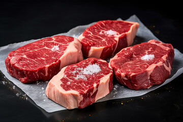 Fototapeta premium The close up detail of a raw meat steaks with seasoning for grilling on parchment or baking paper isolated on black background. Generative AI.