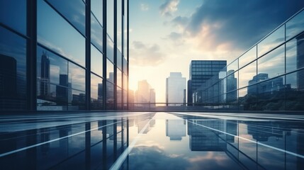 Modern office building or business center. High-rise window buildings made of glass reflect the clouds and the sunset. empty street outside  wall modernity civilization. growing up business