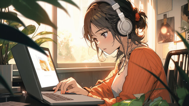 Anime Portrait Of A College Student Wearing Headphones, Studying At Home