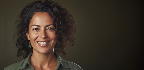 Middle aged Hispanic woman smiling, close up portrait, copy space - obrazy, fototapety, plakaty