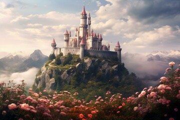 A hilltop castle surrounded by flowers and a foggy sky with some clouds. Generative AI - obrazy, fototapety, plakaty