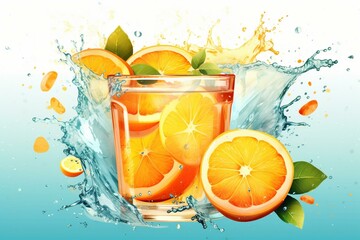 Illustration of a refreshing summer drink with fresh orange and citrus slices, accompanied by a water splash. Generative AI