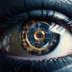 A close up of a person"s eye with a clock in the iris. Generative AI.