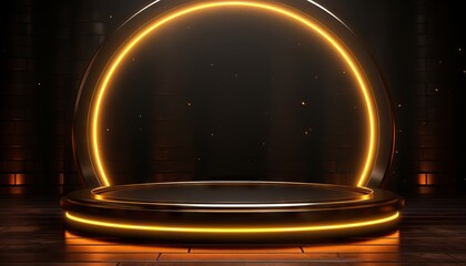 neon background 3d frame on dark, in the style of minimalist stage designs, yellow and bronze