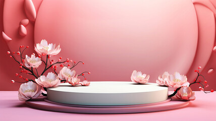 3d podium stage for product display with floral decoration realistic background, generative ai