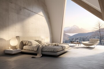 Fototapeta na wymiar Stylish Modern Minimalist Bedroom with Panoramic Snow-Capped Mountain Views, Concrete Wall Accents, and Elegant Modern Furnishings in Sunlit Ambiance, Copy Space