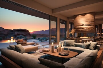 Desert Living Room at Sunset with Panoramic Views, Ambient Fireplace, and Earth-Toned Furnishings Highlighted by A Dramatic Wooden Art Piece