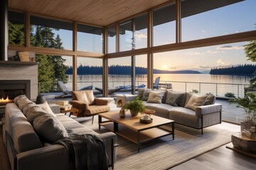 Fototapeta premium Waterfront Home Interior at Sunset, Featuring Comfy Sofas, Wooden Accents, and Breathtaking Lake Vistas Framed by Tall Pine Trees