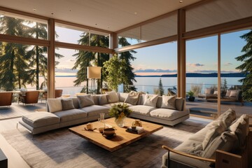 Coastal Living Room with Panoramic Ocean Views, Large Windows, Elegant Neutral-Toned Furnishings, and Serene Sunset Ambiance