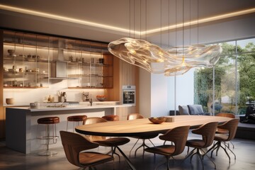 Luxe Open-Concept Dining Room with Unique Floating Glass Pendant Light, Wooden Furnishings, Transparent Cabinets, and Serene Garden View.