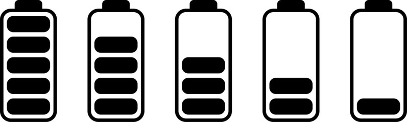 Full or High or Empty Low Battery Power Load Black and White Symbol Sign Icon Set. Vector Image.