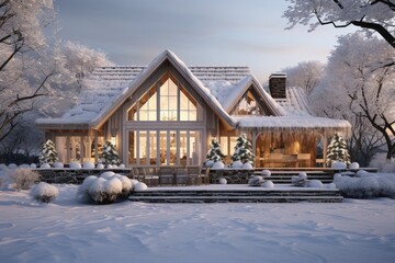 Icy Winter Wonderland Scene: Cozy Alpine Cabin with Illuminated Interiors, Snow-Covered Roofs, Nestled Among Frosted Trees During a Tranquil Sunset