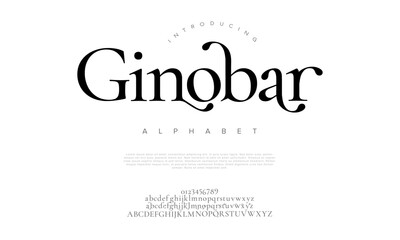 Ginobar premium luxury elegant alphabet letters and numbers. Elegant wedding typography classic serif font decorative vintage retro. Creative vector illustration