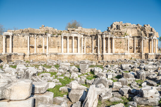 Ruins of the Nymphaeum monumental fountain in Side, Turkey