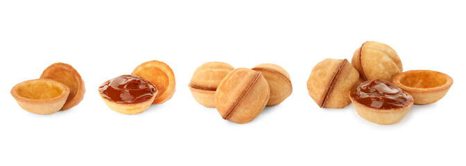 Delicious nut shaped cookies with caramelized condensed milk isolated on white. Collage with empty shells, filled ones and whole cookies