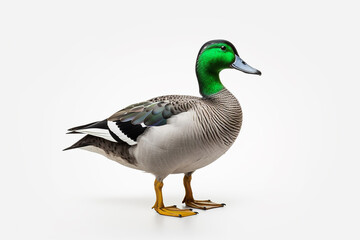 Naklejka na ściany i meble The side portrait of a Mallard, greenhead, or common duck, is standing on the white background, shot in a studio. Generative AI.