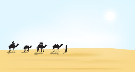 Fototapeta na wymiar ramadan kareem illustration with desert scenery beautiful bright sky on the desert with camel, dates tree and caravan. vector illustration. 