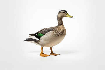 The side portrait of a Mallard, greenhead, or common duck, is standing on the white background, shot in a studio. Generative AI.