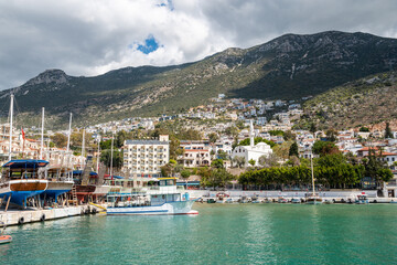 Kalkan harbourside town on the Mediterranean coastline in Antalya province of Turkey.