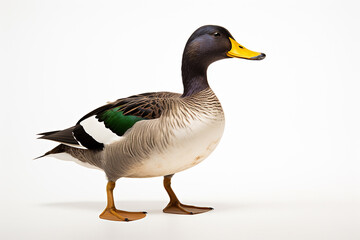 Obraz premium The side portrait of a Mallard, greenhead, or common duck, is standing on the white background, shot in a studio. Generative AI.
