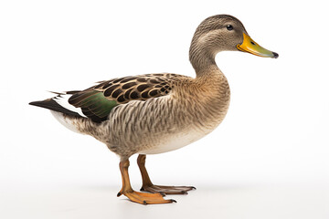 Obraz premium The side portrait of a Mallard, greenhead, or common duck, is standing on the white background, shot in a studio. Generative AI.