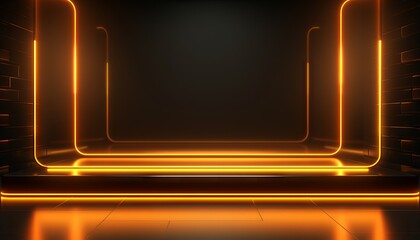 neon background 3d frame on dark, in the style of minimalist stage designs, yellow and bronze