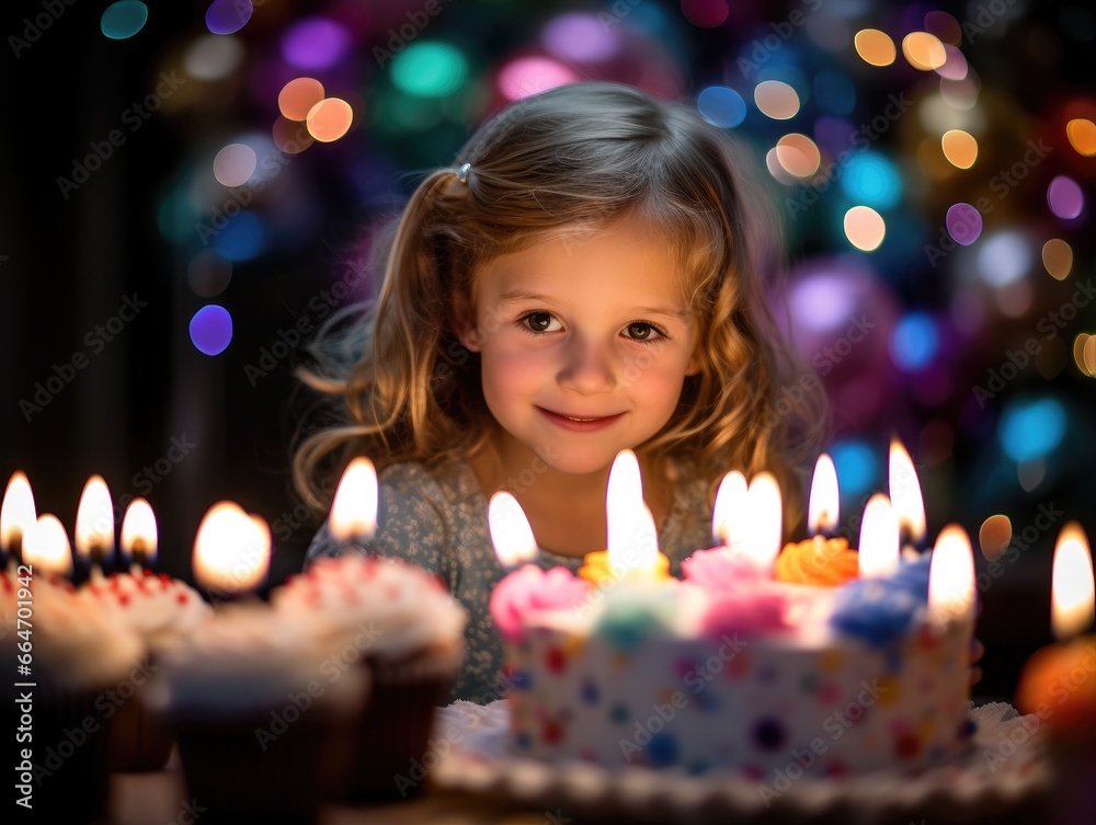 Poster A little girl sitting in front of a cake with lit candles. Generative AI.